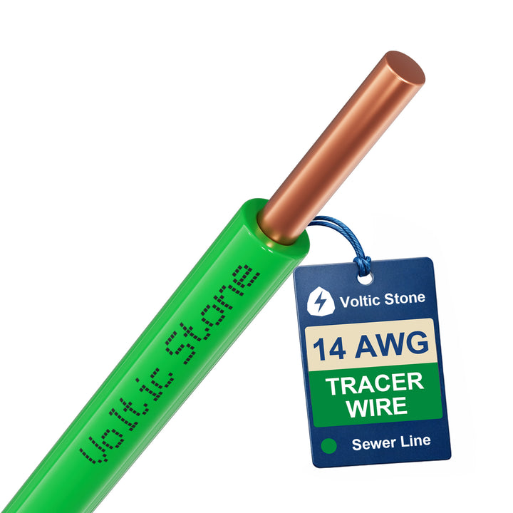 VOLTIC STONE 14 AWG Green Sewer Line Tracer Wire — True Gauge, 100% Solid Copper, Direct Burial PE
