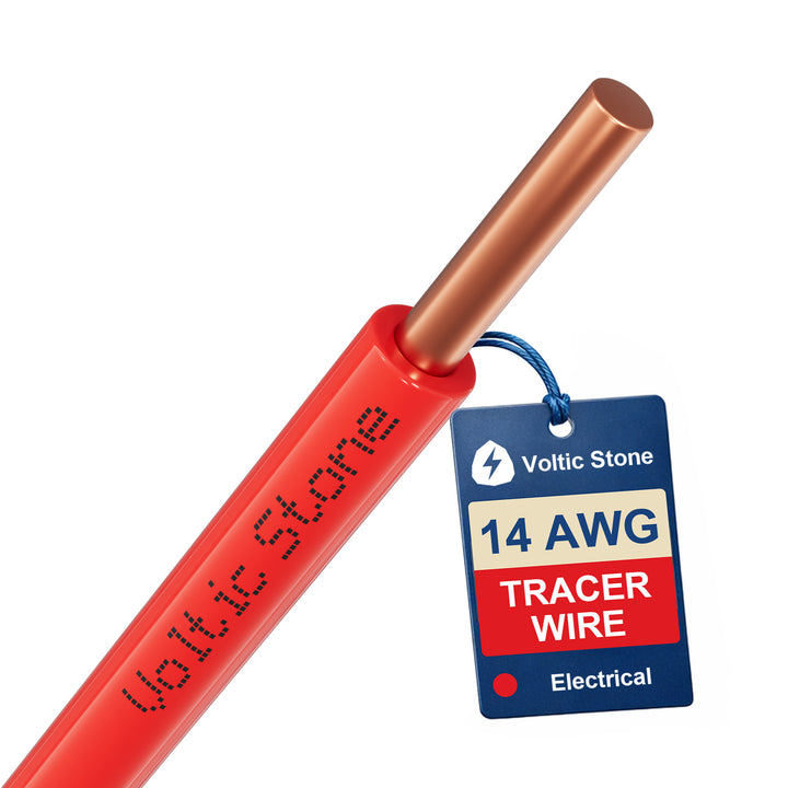 VOLTIC STONE 14 AWG Red Electric Conduit Tracer Wire — True Gauge, 100% Solid Copper, Direct Burial PE
