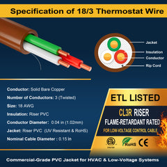 VOLTIC STONE 18/3 Brown Thermostat Wire — CMR Riser Rated, Pure Copper, ETL Listed
 image 6