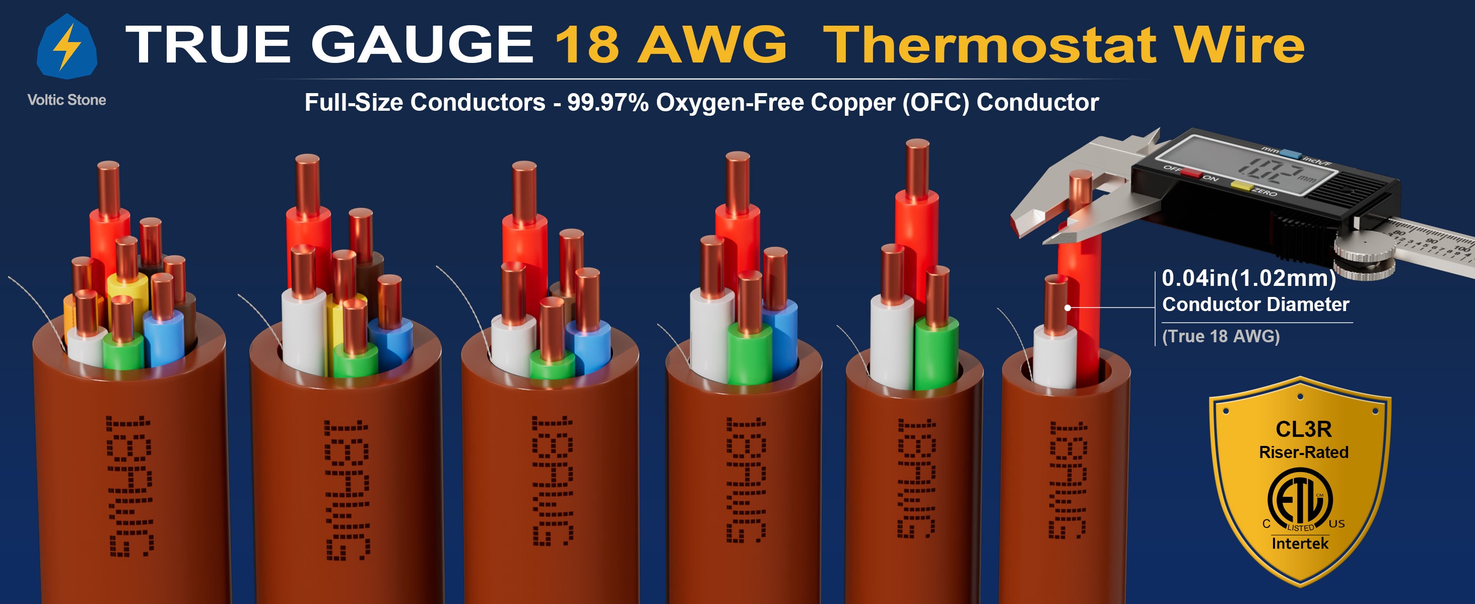 VOLTIC STONE 18/8 Brown Thermostat Wire — CMR Riser Rated, Pure Copper, ETL Listed
 detail image 1