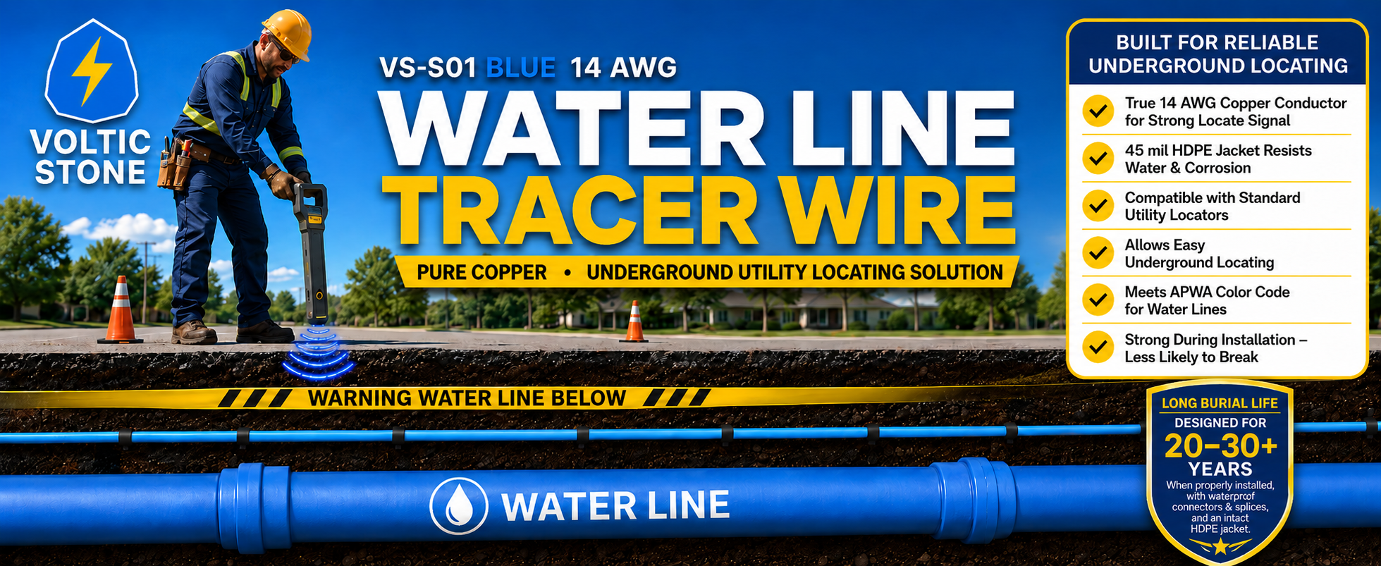 VOLTIC STONE 14 AWG Blue Water Line Tracer Wire — True Gauge, 100% Solid Copper, Direct Burial PE
 detail image 1