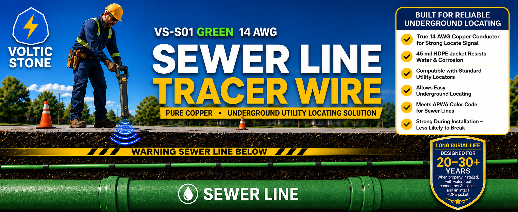 VOLTIC STONE 14 AWG Green Sewer Line Tracer Wire — True Gauge, 100% Solid Copper, Direct Burial PE
 detail image 1