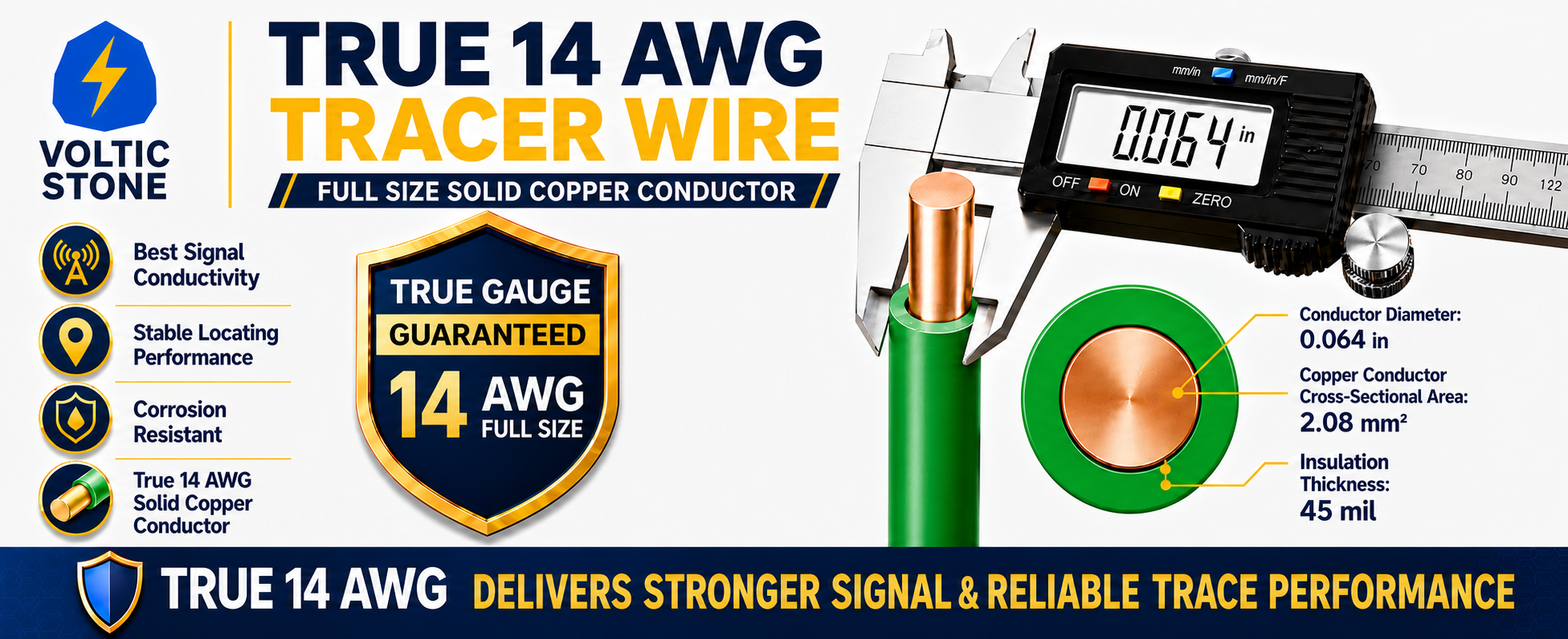 VOLTIC STONE 14 AWG Green Sewer Line Tracer Wire — True Gauge, 100% Solid Copper, Direct Burial PE
 detail image 2