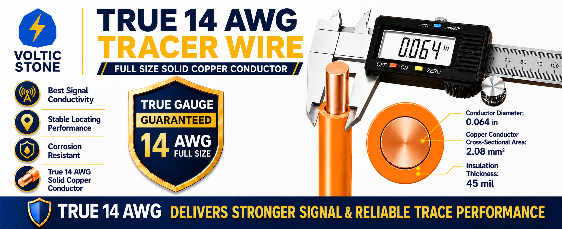 VOLTIC STONE 14 AWG Orange Communications Tracer Wire — True Gauge, 100% Solid Copper, Direct Burial PE
 detail image 1