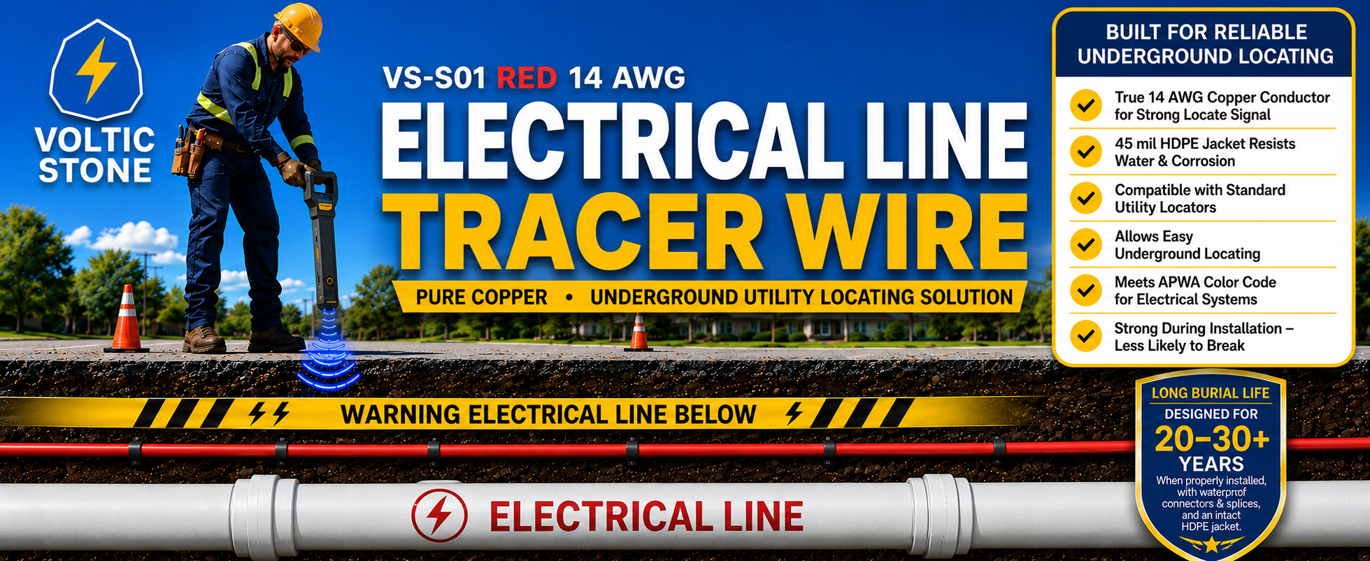 VOLTIC STONE 14 AWG Red Electric Conduit Tracer Wire — True Gauge, 100% Solid Copper, Direct Burial PE
 detail image 1