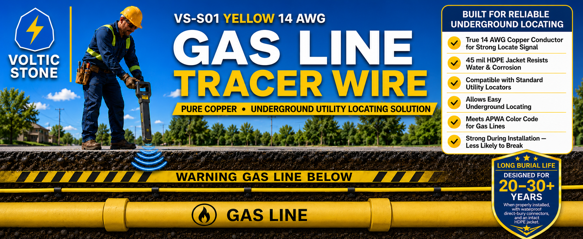 VOLTIC STONE 14 AWG Yellow Gas Line Tracer Wire — True Gauge, 100% Solid Copper, Direct Burial PE
 detail image 1