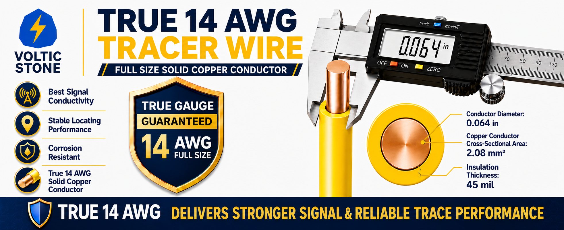 VOLTIC STONE 14 AWG Yellow Gas Line Tracer Wire — True Gauge, 100% Solid Copper, Direct Burial PE
 detail image 2