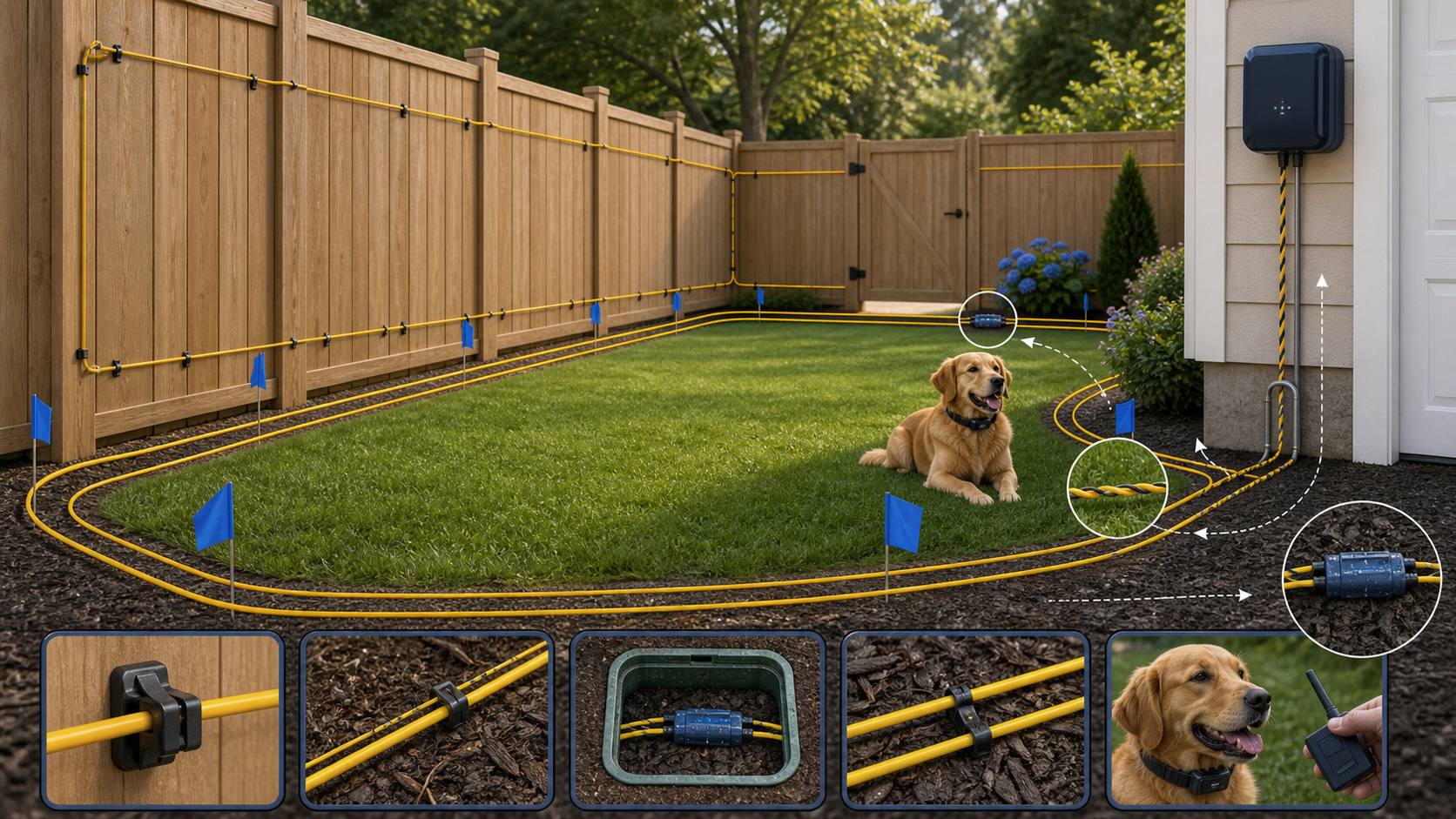 Backyard Double Loop and Fence-Mounted Dog Fence Wire Installation Plan Plan Details Visuals
